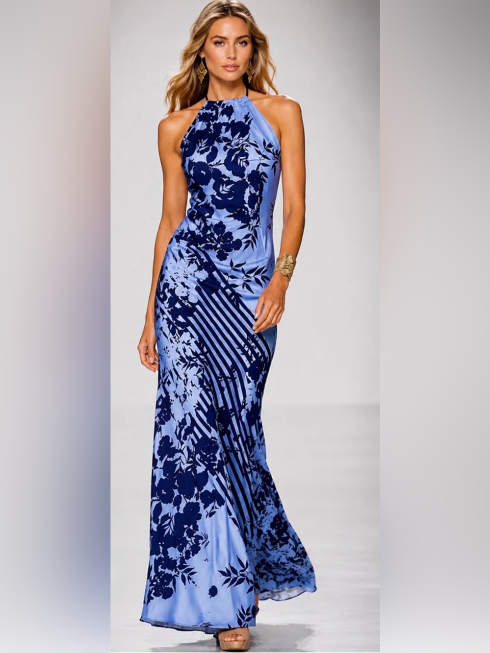 Light Blue Maxi Dress with Navy Floral Print